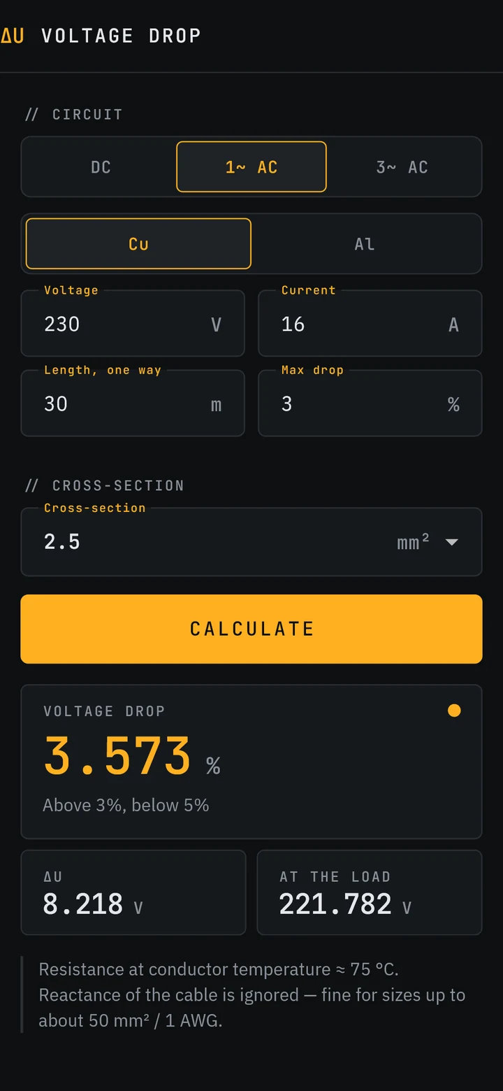 Voltage drop result: 3.573 percent on a 30 m run at 16 A