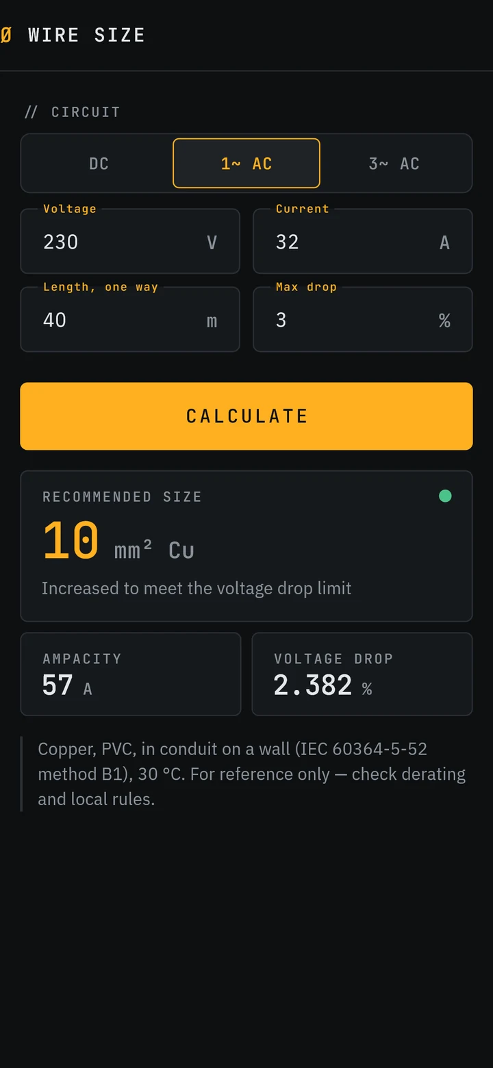Wire size result